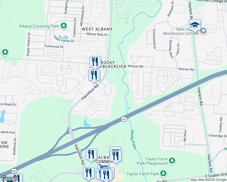 map of restaurants, bars, coffee shops, grocery stores, and more near 5282 Bridwell Lane in Westerville