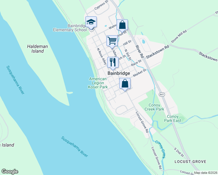 map of restaurants, bars, coffee shops, grocery stores, and more near 100 Market Street in Bainbridge