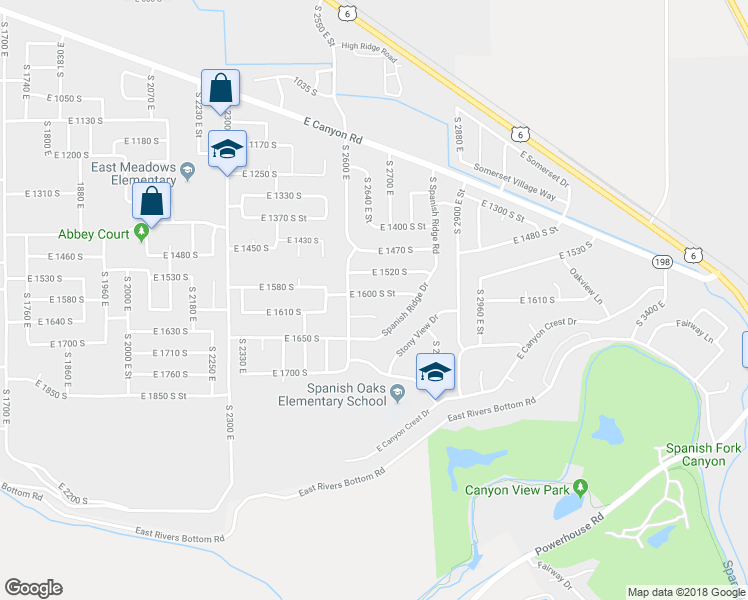map of restaurants, bars, coffee shops, grocery stores, and more near 2662 East 1600 South Street in Spanish Fork