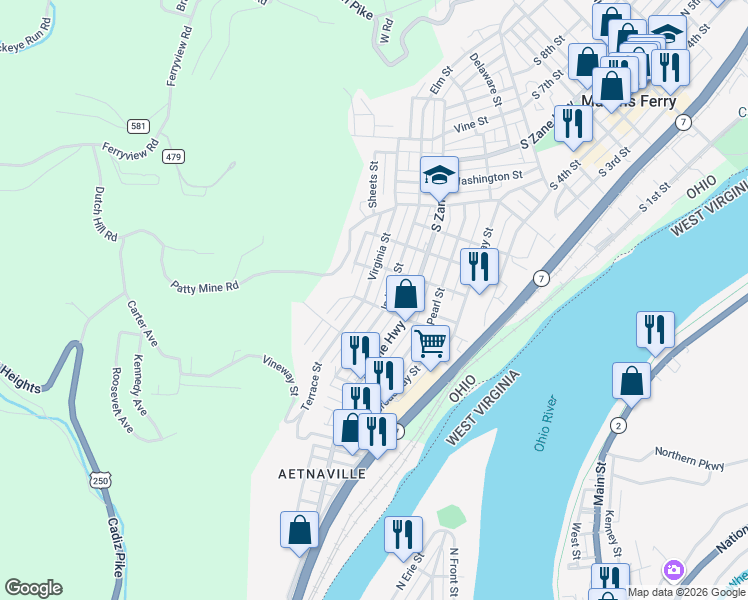 map of restaurants, bars, coffee shops, grocery stores, and more near 1104 Virginia Street in Martins Ferry