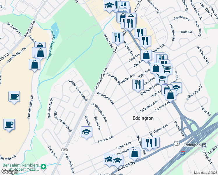 map of restaurants, bars, coffee shops, grocery stores, and more near 2601 June Avenue in Eddington