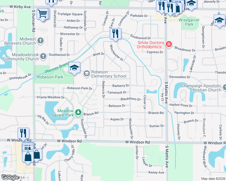 map of restaurants, bars, coffee shops, grocery stores, and more near 2309 Tamarack Drive in Champaign