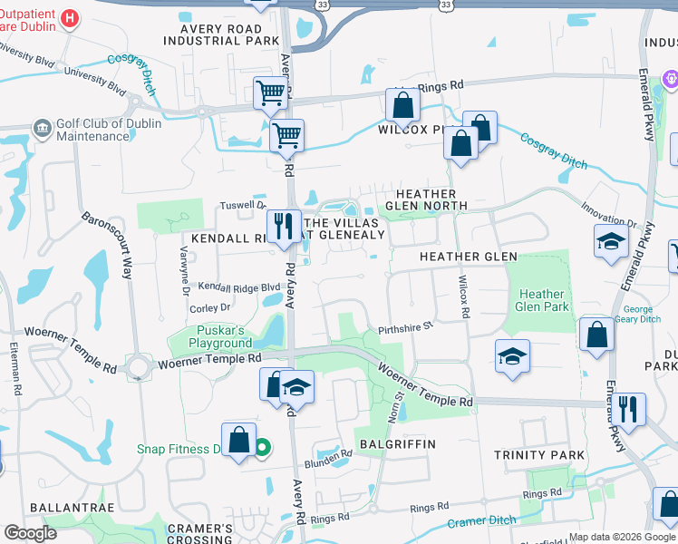 map of restaurants, bars, coffee shops, grocery stores, and more near 5915 Sandy Rings Lane in Dublin
