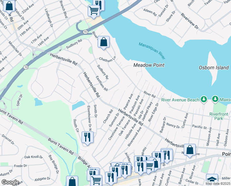 map of restaurants, bars, coffee shops, grocery stores, and more near 223 Pleasant Place in Point Pleasant