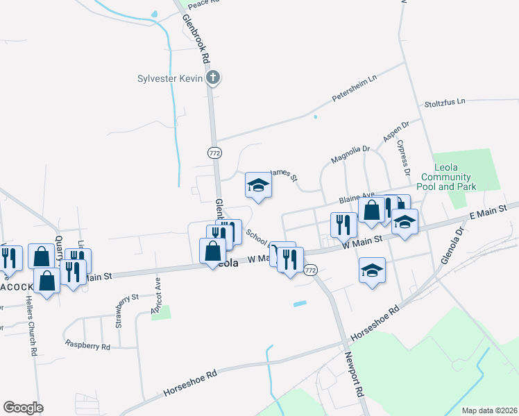 map of restaurants, bars, coffee shops, grocery stores, and more near 11 School Dr in Leola