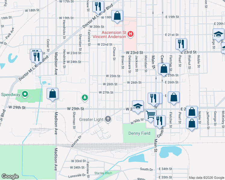 map of restaurants, bars, coffee shops, grocery stores, and more near 317 West 27th Street in Anderson