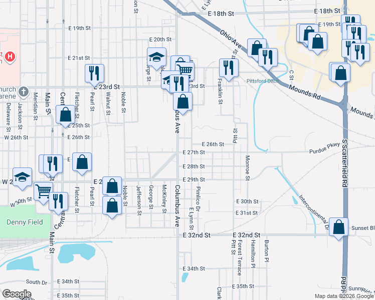 map of restaurants, bars, coffee shops, grocery stores, and more near 1011 East 27th Street in Anderson