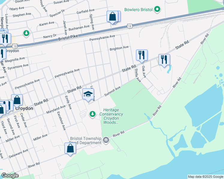 map of restaurants, bars, coffee shops, grocery stores, and more near 840 Central Avenue in Croydon