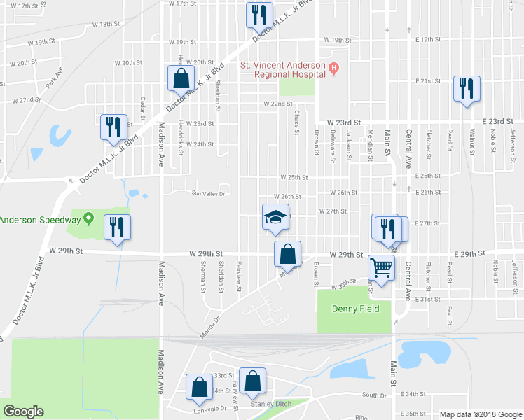 map of restaurants, bars, coffee shops, grocery stores, and more near 2702 Historical Morton Street in Anderson