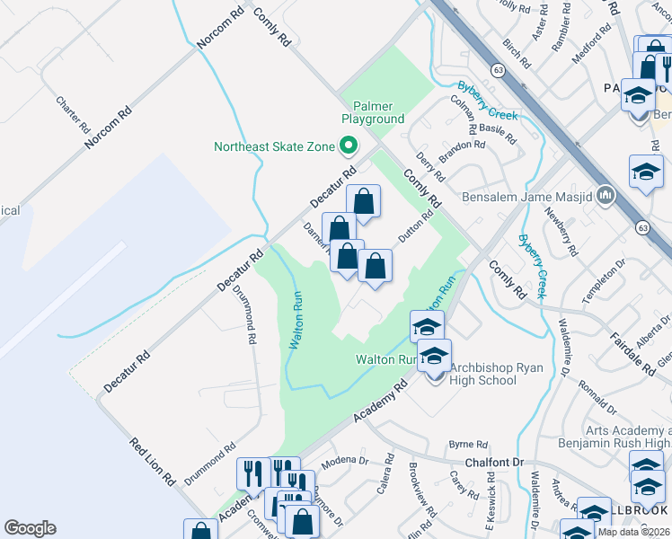 map of restaurants, bars, coffee shops, grocery stores, and more near 3030 Darnell Rd in Philadelphia