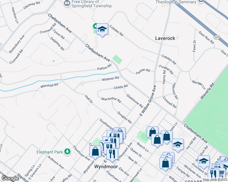 map of restaurants, bars, coffee shops, grocery stores, and more near 8207 Macarthur Road in Wyndmoor