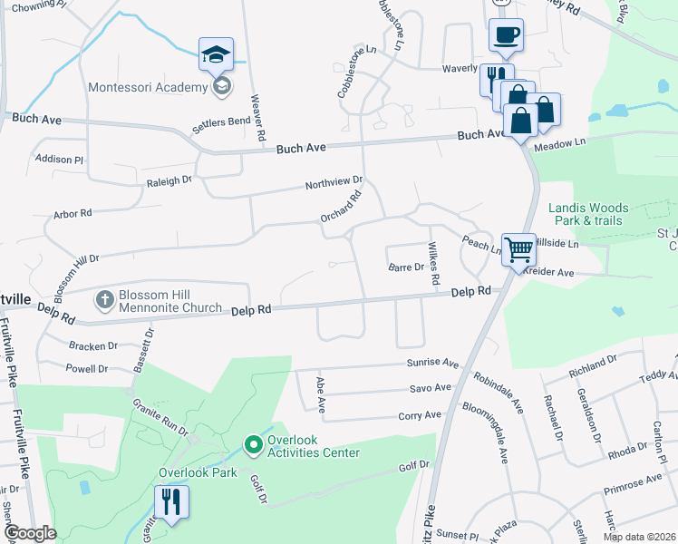 map of restaurants, bars, coffee shops, grocery stores, and more near 36 Blossom Hill Drive in Lancaster