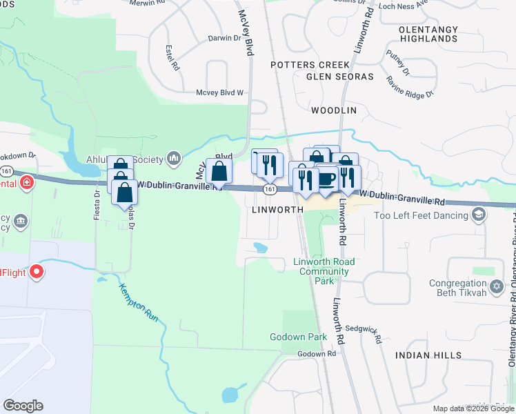 map of restaurants, bars, coffee shops, grocery stores, and more near 6380 Eberstark Drive in Columbus