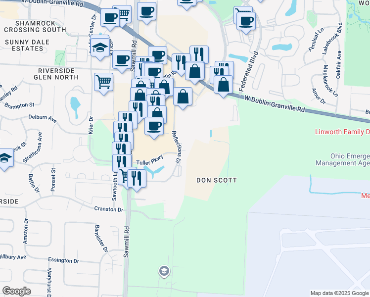 map of restaurants, bars, coffee shops, grocery stores, and more near 6606 Reflections Dr in Dublin