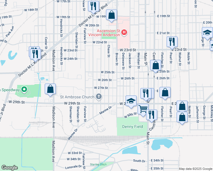 map of restaurants, bars, coffee shops, grocery stores, and more near 317 West 27th Street in Anderson