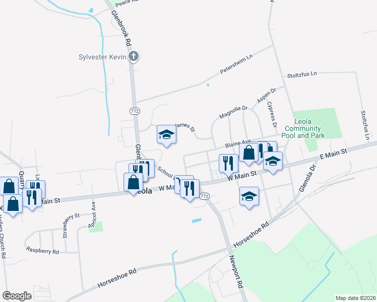 map of restaurants, bars, coffee shops, grocery stores, and more near 84 Blaine Avenue in Leacock-Leola-Bareville