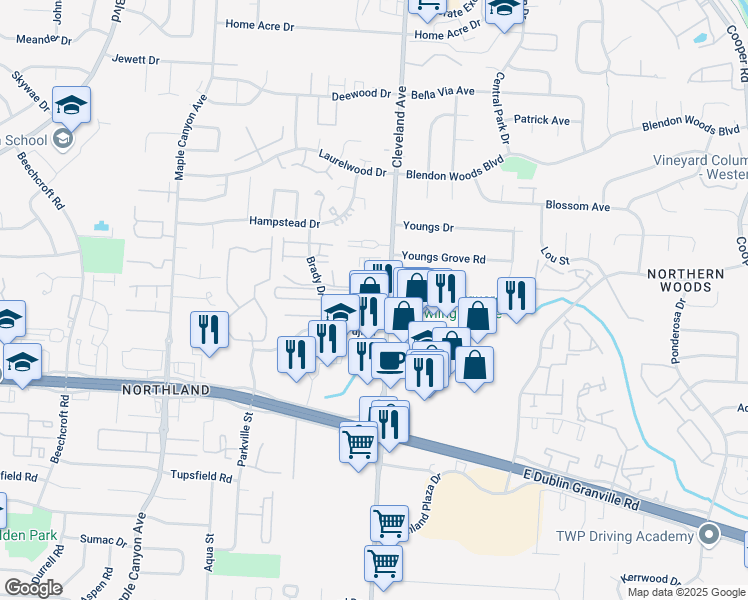 map of restaurants, bars, coffee shops, grocery stores, and more near 5779 Cleveland Avenue in Columbus