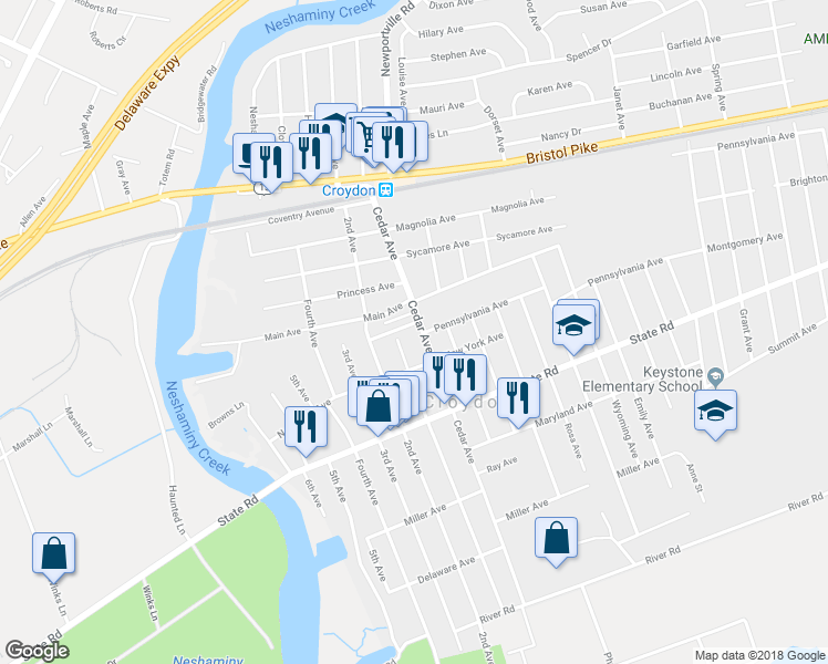 map of restaurants, bars, coffee shops, grocery stores, and more near 514 Cedar Avenue in Croydon