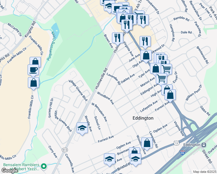 map of restaurants, bars, coffee shops, grocery stores, and more near 2601 June Avenue in Eddington