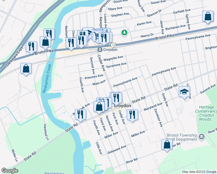 map of restaurants, bars, coffee shops, grocery stores, and more near 514 Cedar Avenue in Croydon