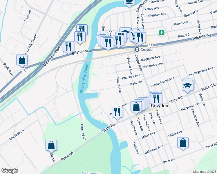 map of restaurants, bars, coffee shops, grocery stores, and more near in Croydon