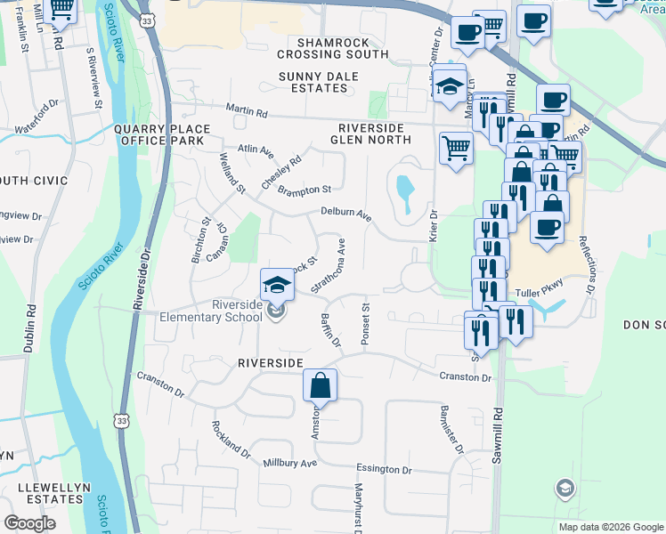 map of restaurants, bars, coffee shops, grocery stores, and more near 6578 Strathcona Avenue in Dublin