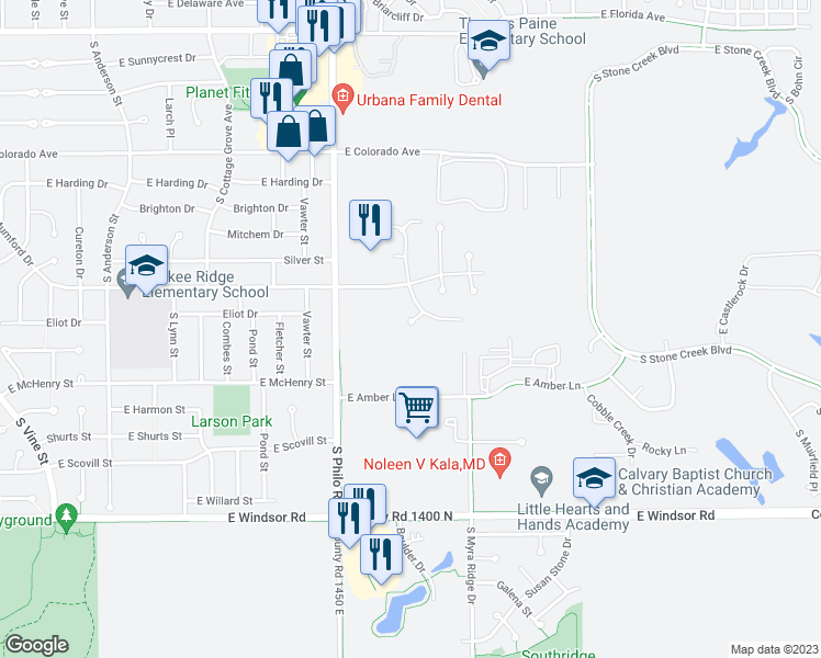 map of restaurants, bars, coffee shops, grocery stores, and more near 1611 Beckman Court in Urbana