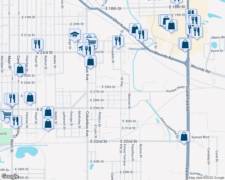 map of restaurants, bars, coffee shops, grocery stores, and more near 1211 East 27th Street in Anderson