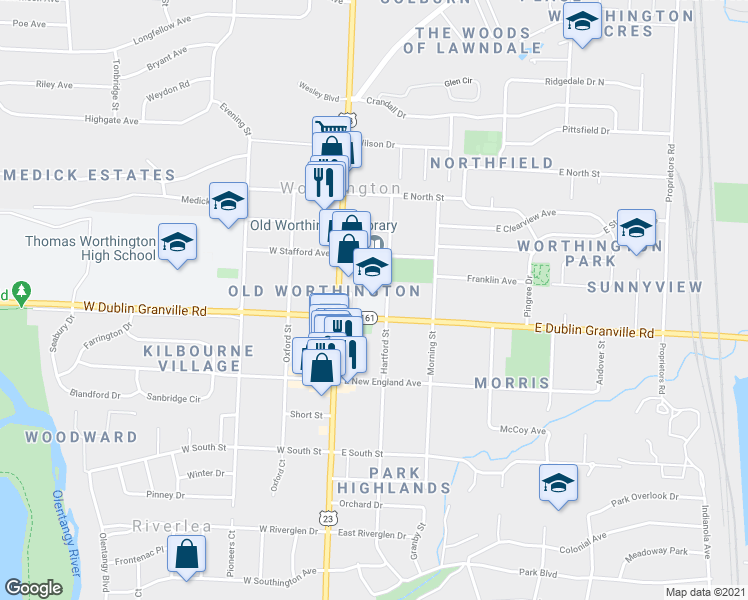 map of restaurants, bars, coffee shops, grocery stores, and more near 50 East Dublin Granville Road in Worthington