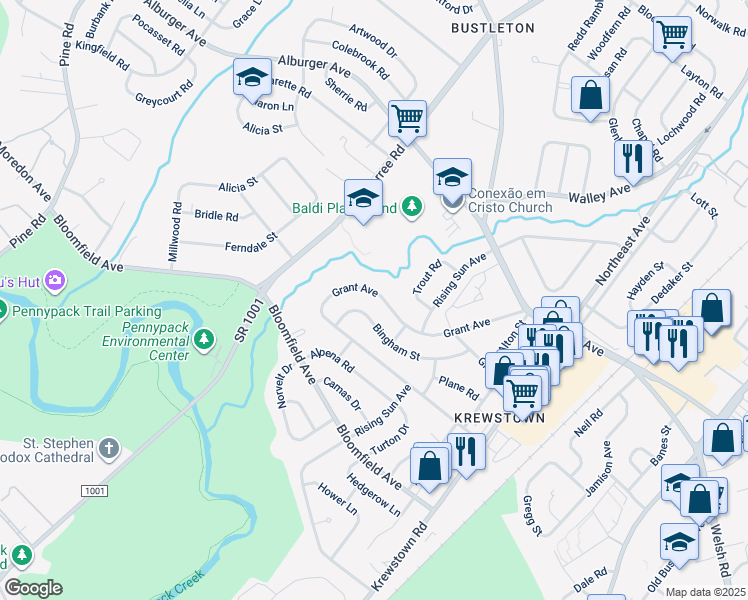 map of restaurants, bars, coffee shops, grocery stores, and more near 1030 Grant Ave in Philadelphia
