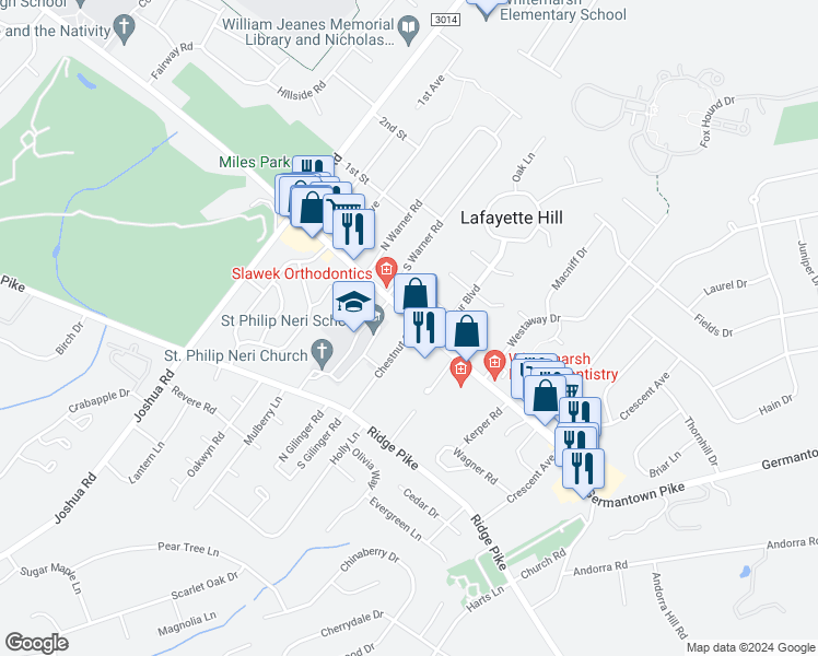 map of restaurants, bars, coffee shops, grocery stores, and more near 476 Germantown Pike in Lafayette Hill