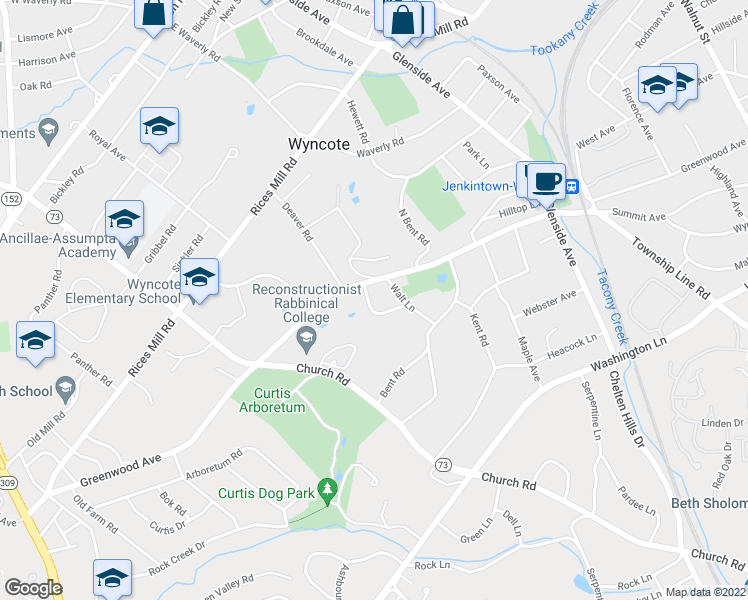 map of restaurants, bars, coffee shops, grocery stores, and more near 1 Greenwood Place in Wyncote