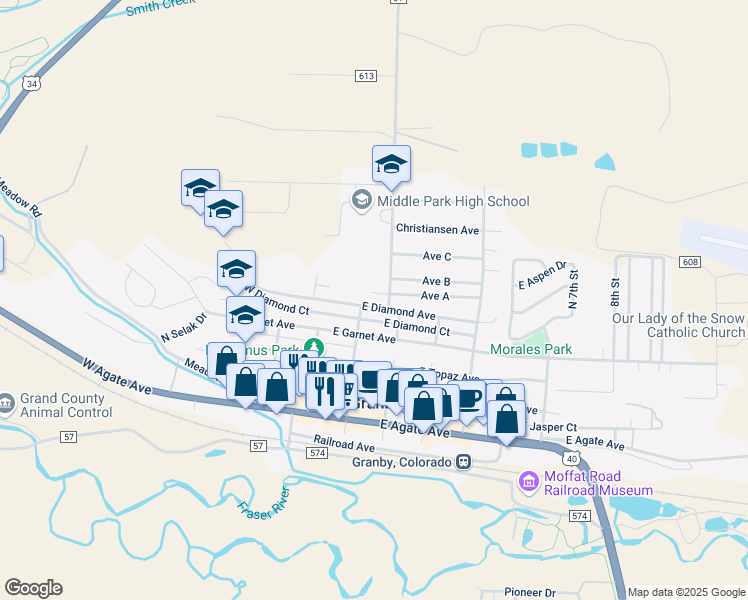 map of restaurants, bars, coffee shops, grocery stores, and more near 172 West Diamond Avenue in Granby