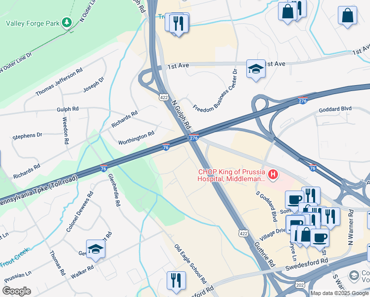 map of restaurants, bars, coffee shops, grocery stores, and more near 389 Drummers Lane in Wayne