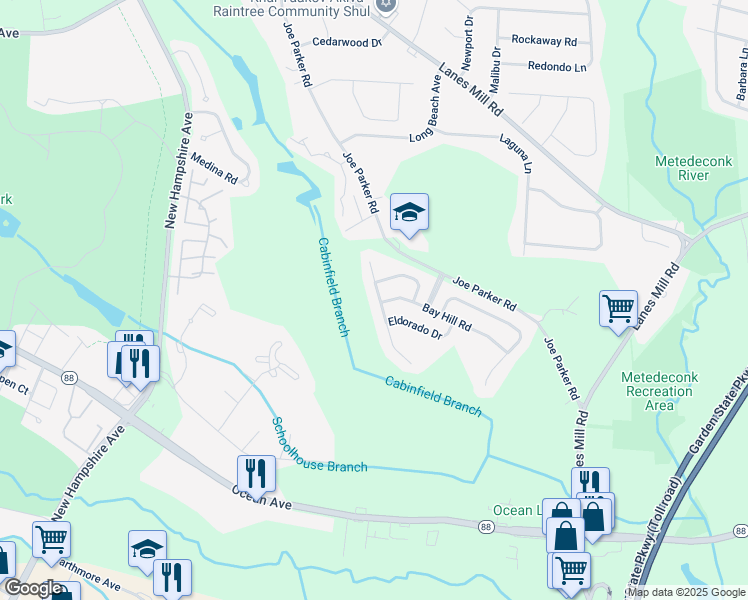 map of restaurants, bars, coffee shops, grocery stores, and more near 35 Jumping Brook Drive in Lakewood Township