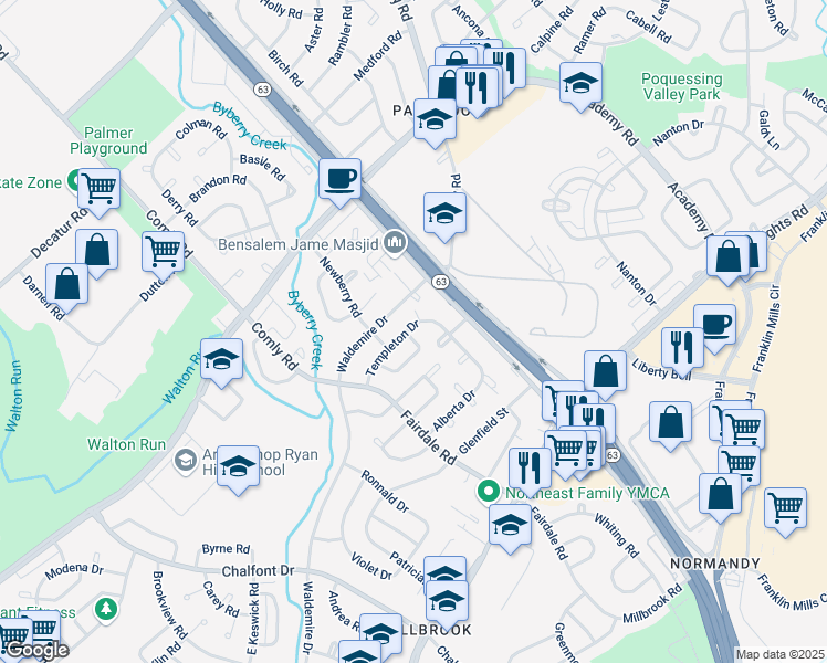 map of restaurants, bars, coffee shops, grocery stores, and more near 3812 Nedla Road in Philadelphia