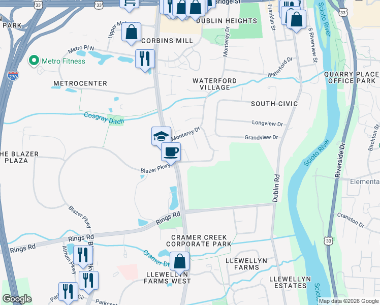 map of restaurants, bars, coffee shops, grocery stores, and more near 365 Avon Court in Dublin