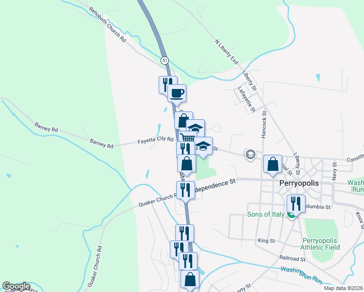 map of restaurants, bars, coffee shops, grocery stores, and more near 3447 Pittsburgh Road in Perryopolis