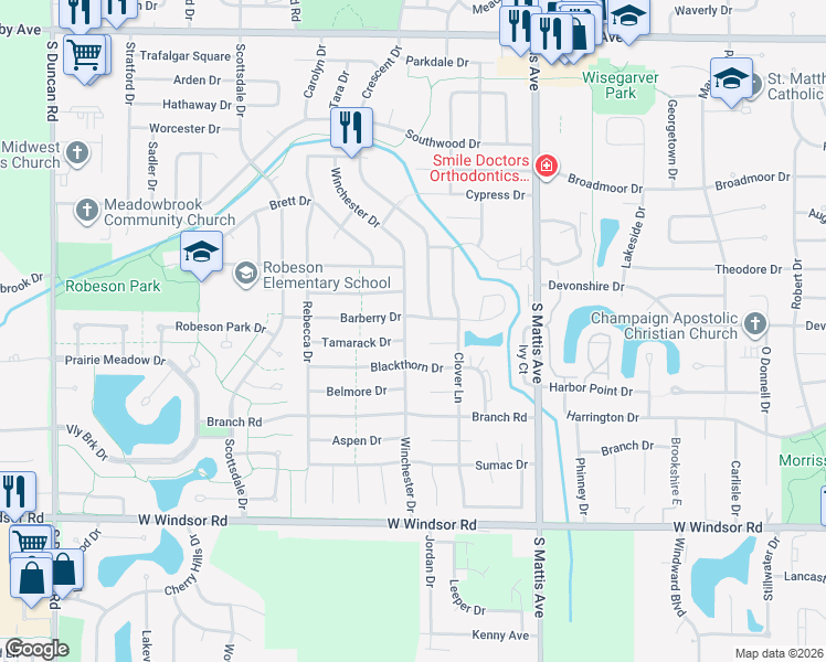 map of restaurants, bars, coffee shops, grocery stores, and more near 2111 Tamarack Court in Champaign