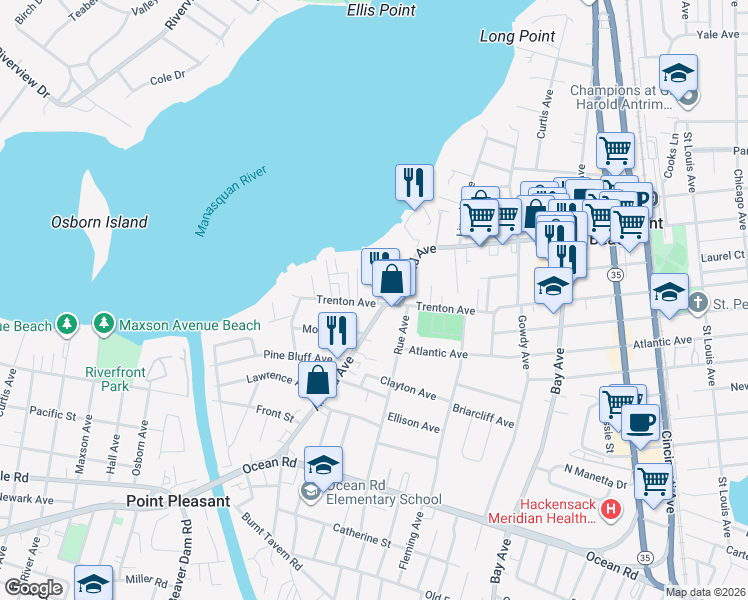 map of restaurants, bars, coffee shops, grocery stores, and more near 902 Arnold Avenue in Point Pleasant