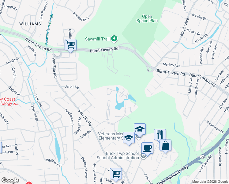 map of restaurants, bars, coffee shops, grocery stores, and more near 89 Brandywine Court in Brick Township