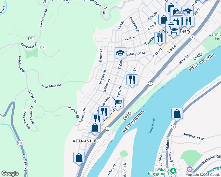 map of restaurants, bars, coffee shops, grocery stores, and more near 1031 Zane Highway in Martins Ferry