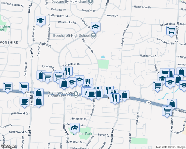 map of restaurants, bars, coffee shops, grocery stores, and more near 5885 Beechcroft Road in Columbus