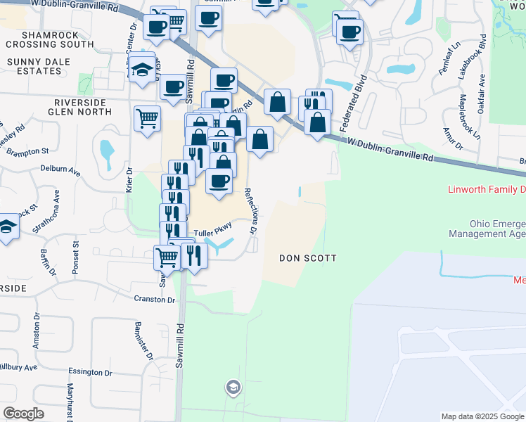map of restaurants, bars, coffee shops, grocery stores, and more near 6606 Reflections Dr in Dublin