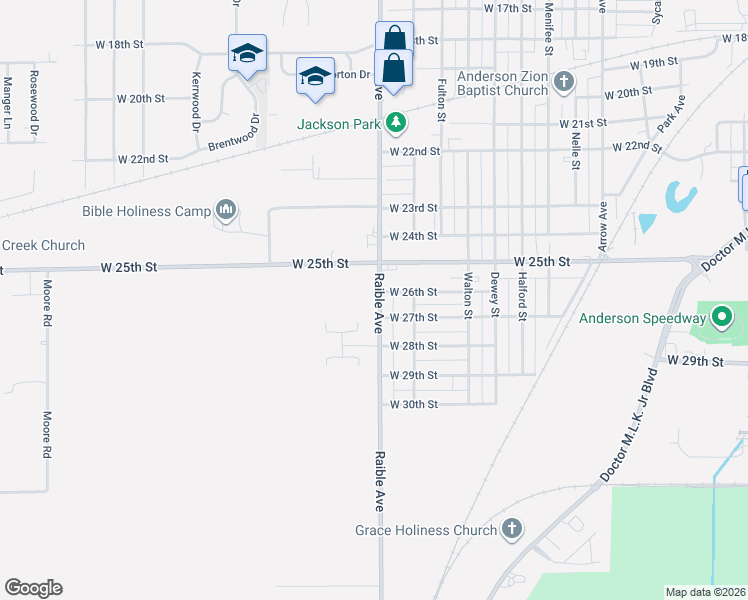map of restaurants, bars, coffee shops, grocery stores, and more near 2625 Raible Avenue in Anderson
