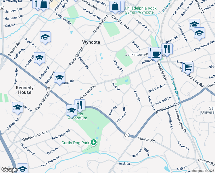map of restaurants, bars, coffee shops, grocery stores, and more near 1 Greenwood Place in Wyncote