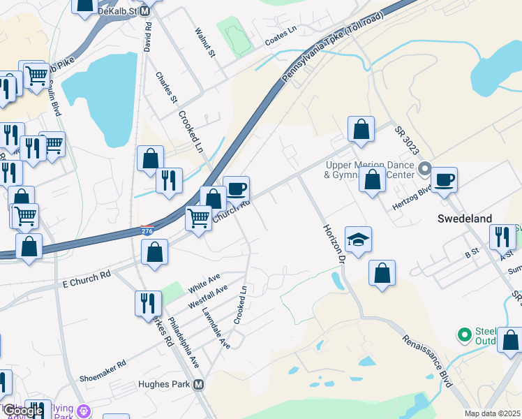 map of restaurants, bars, coffee shops, grocery stores, and more near 414 Walnut Street in King of Prussia