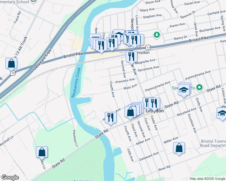 map of restaurants, bars, coffee shops, grocery stores, and more near 425 Main Avenue in Croydon