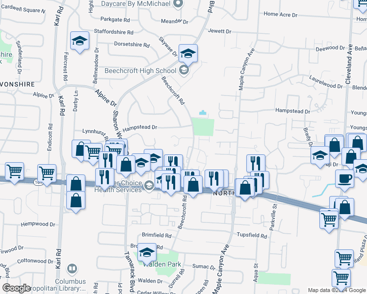 map of restaurants, bars, coffee shops, grocery stores, and more near 5885 Beechcroft Road in Columbus