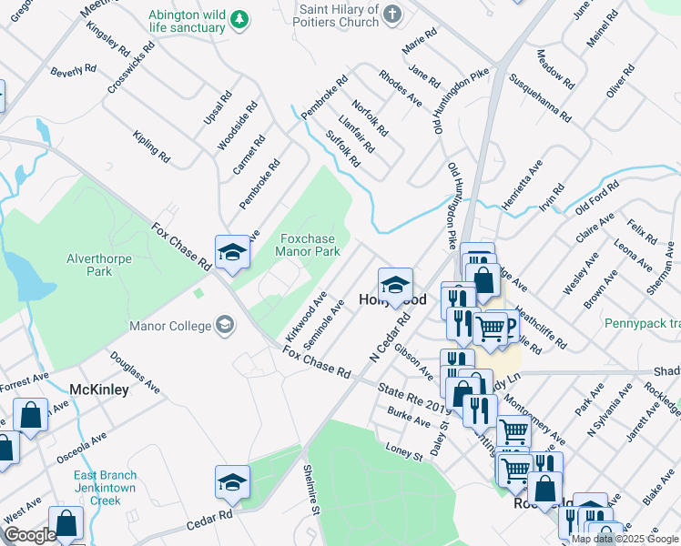 map of restaurants, bars, coffee shops, grocery stores, and more near 743 Kirkwood Avenue in Jenkintown